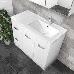 MILAN Fingerpull 900 Offset Vanity on Kickboard, Right Basin And Left Basin In Matte White, Matte Black And Gloss White MILAN Fingerpull 900 Offset Vanity on Kickboard, Right Basin And Left Basin In Matte White, Matte Black And Gloss White