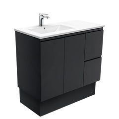 MILAN Fingerpull 900 Offset Vanity on Kickboard, Right Basin And Left Basin In Matte White, Matte Black And Gloss White MILAN Fingerpull 900 Offset Vanity on Kickboard, Right Basin And Left Basin In Matte White, Matte Black And Gloss White