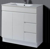 MILAN Fingerpull 900 Offset Vanity on Kickboard, Right Basin And Left Basin In Matte White, Matte Black And Gloss White