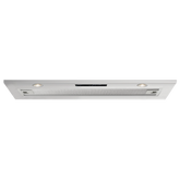 Modern stainless steel built-in range hood with LED lights and vent filters for kitchen ventilation.