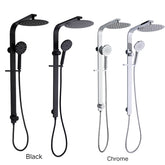 KUSHY Dual Shower Rail with Rain Fall Head - 'Wide' Round Top Inlet and Bottom Inlet in Chrome and Black