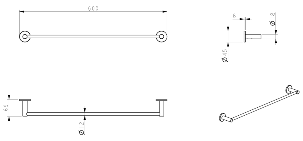 Mica Single Towel Rail - 600mm