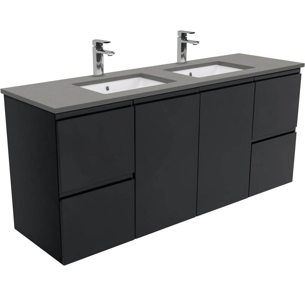 HEBREW Dove Grey 1500, Double Bowl + Matte White/Matte Black Fingerpull Wall-Hung