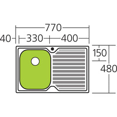 DIAZ Single Bowl Sink with Drainer in 830 x 540 x 240 mm