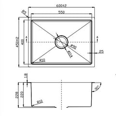 SPECTER Handmade Stainless Steel Under/Topmount Kitchen Laundry Single Sink in Size 600*450*220