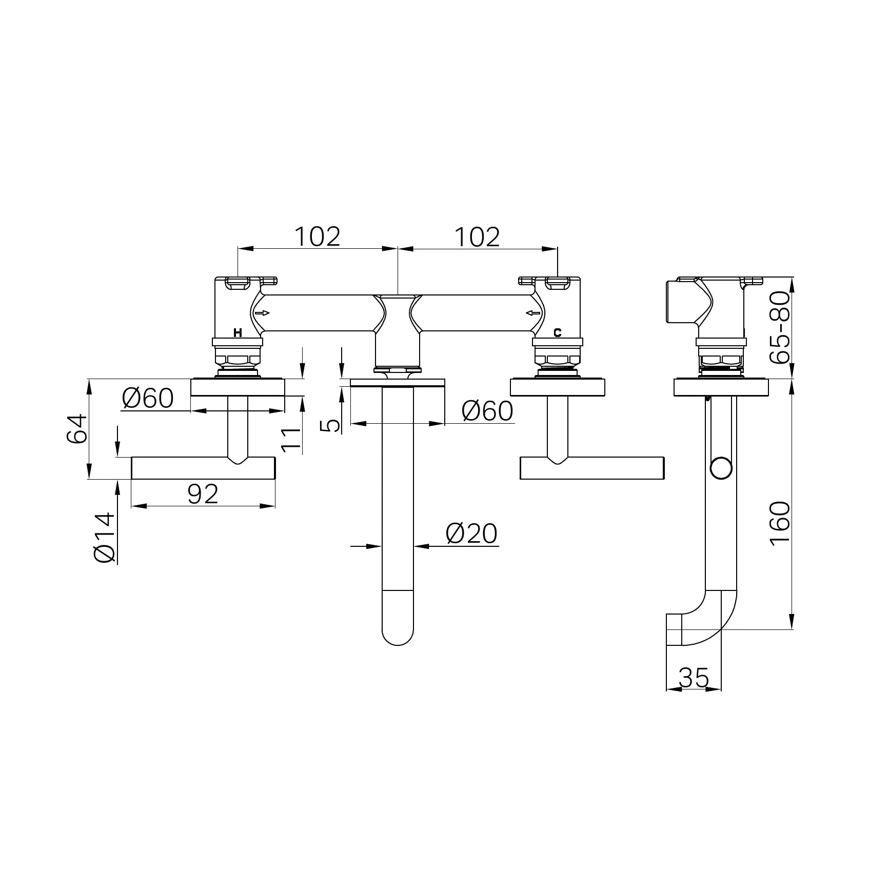 Mecca Lever Wall Basin/Bath Set 160mm Spout
