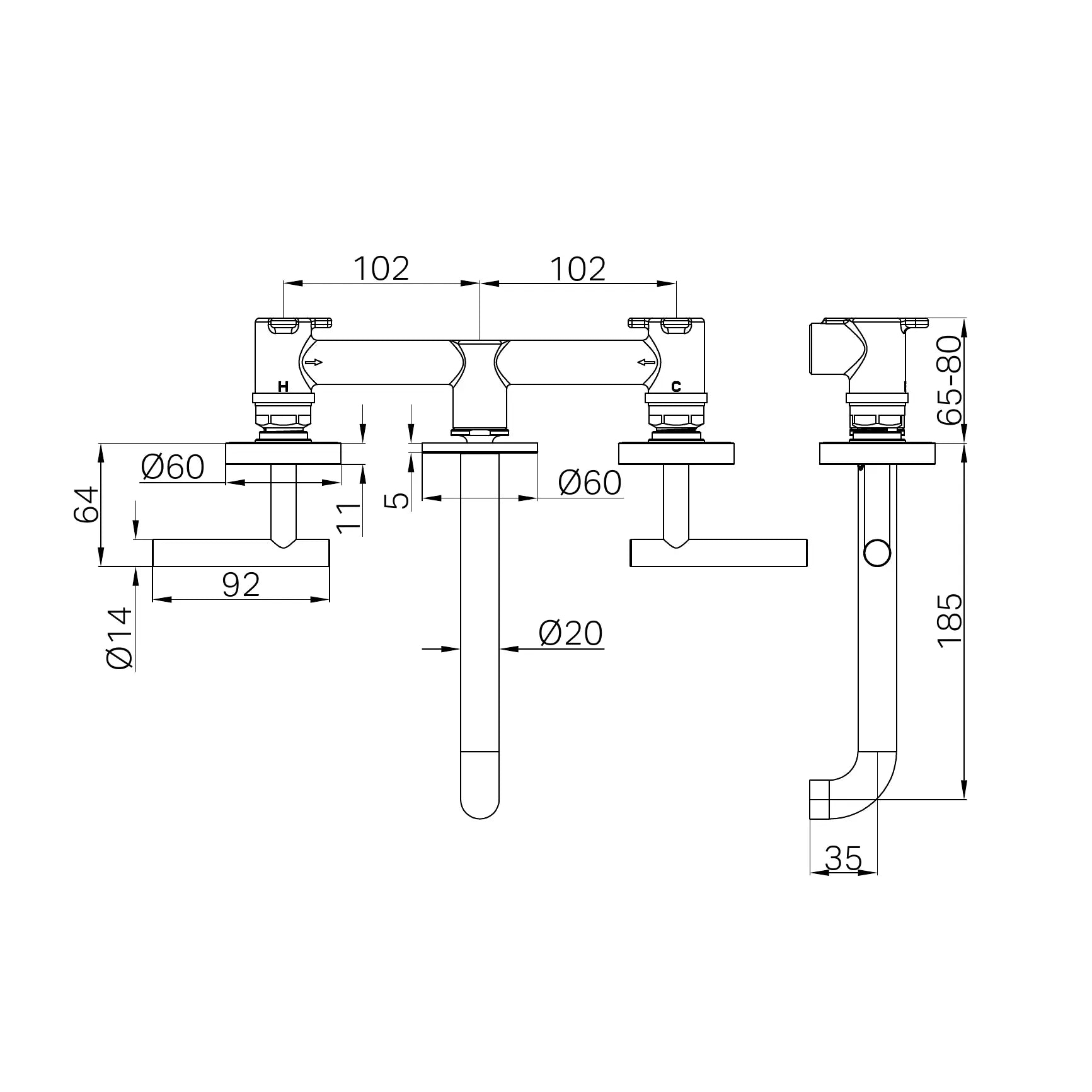 Mecca Lever Wall Basin/Bath Set 185mm Spout