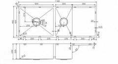Pollo 1160x460x230mm Handmade Kitchen Sink One and Half Double Bowls with Drainer Board