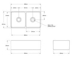 Turner Hastings Novi 85 x 46 Fine Fireclay Matte Black or Matte White Butler Sink