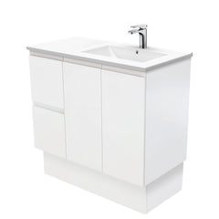 MILAN Fingerpull 900 Offset Vanity on Kickboard, Right Basin And Left Basin In Matte White, Matte Black And Gloss White
