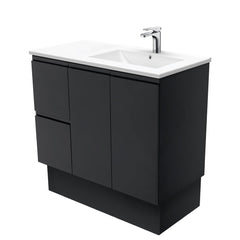 MILAN Fingerpull 900 Offset Vanity on Kickboard, Right Basin And Left Basin In Matte White, Matte Black And Gloss White