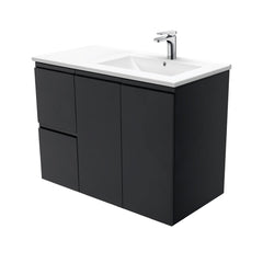 MILAN Fingerpull 900 Offset Wall-Hung Vanity, Left Basin And Right Basin In Matte White, Matte Black or Gloss White