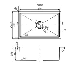 SPECTER Handmade Stainless Steel Under/Topmount Kitchen Laundry Single Sink in Size 700*450*220