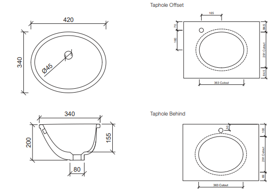 AVAL Under Counter Ceramic basin, White Gloss