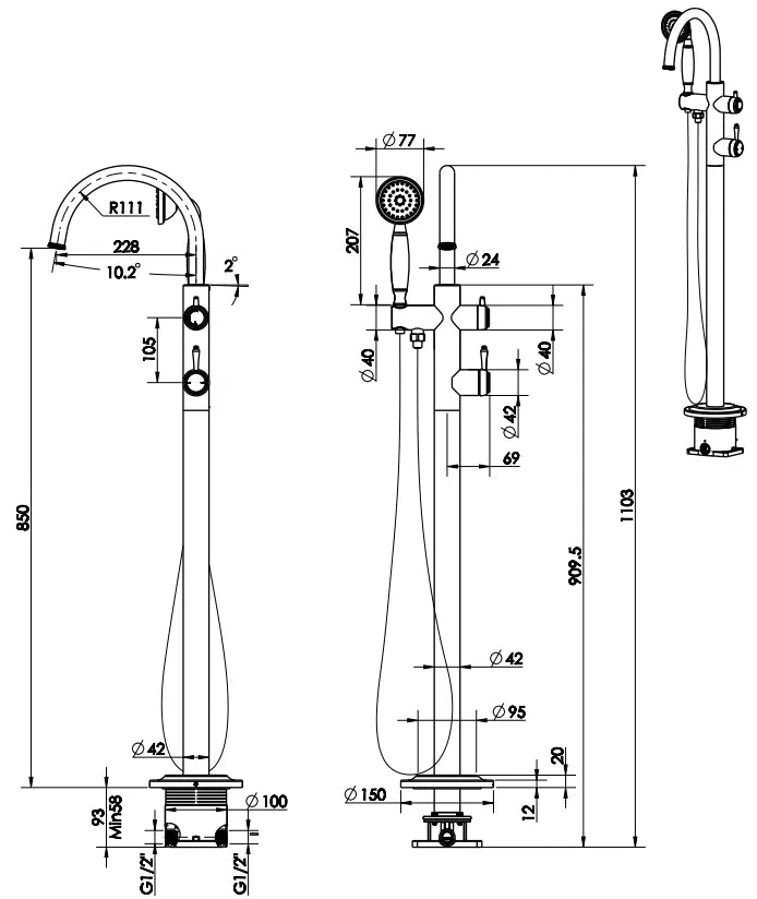 Mica Heritage Freestanding Bath Mixer with Hand Shower