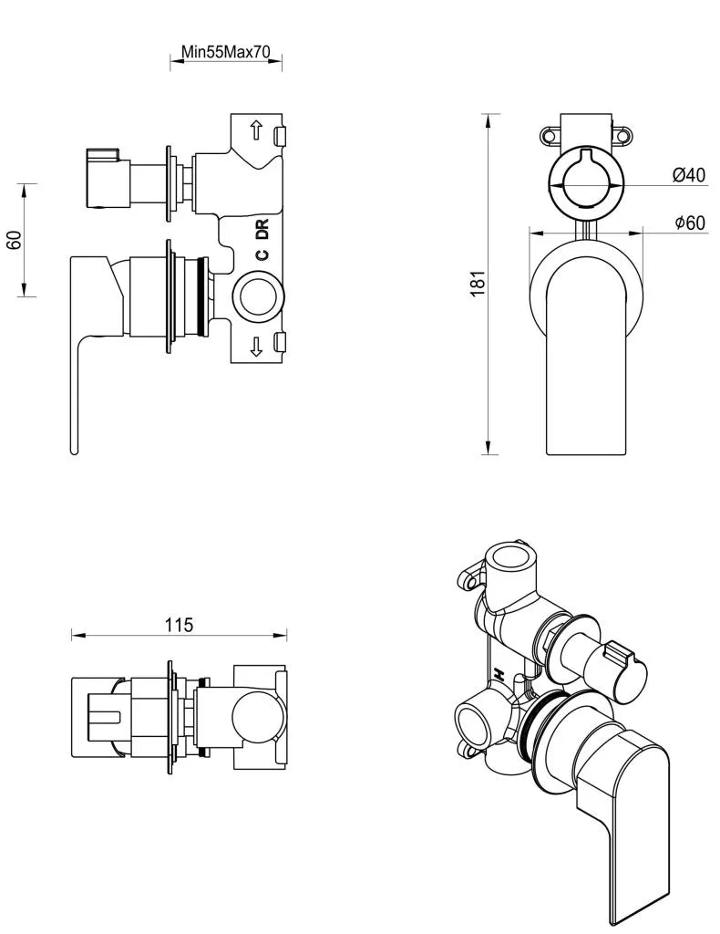 Eleniko Shower Mixer Diverter – 2P – TRIM KIT ONLY