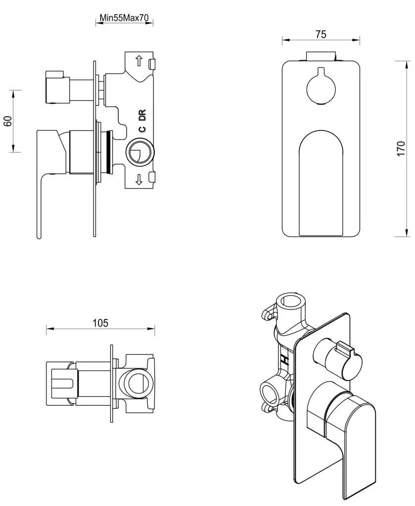 Beki Shower Mixer Diverter – 1P – TRIM KIT ONLY