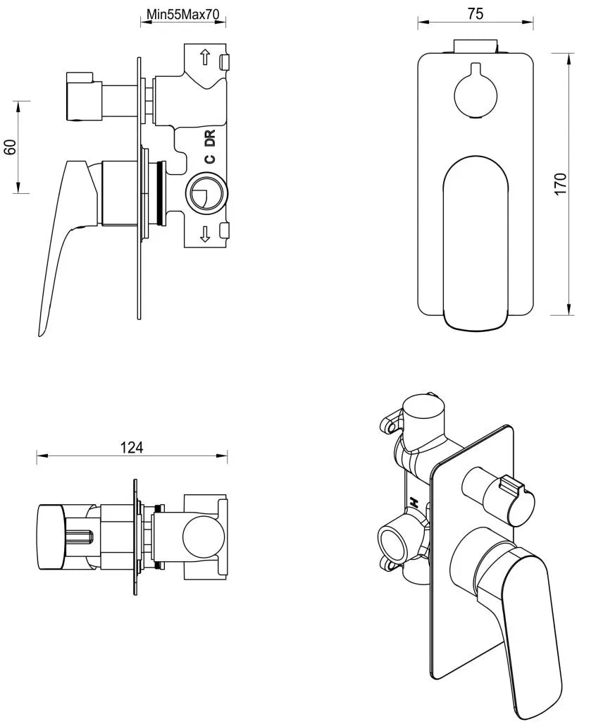 Kaza Shower Mixer Diverter – 1P – TRIM KIT ONLY