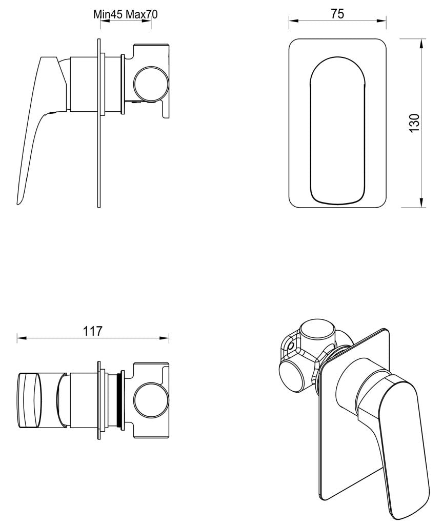 Kaza Shower Mixer – Square Plate – TRIM KIT ONLY