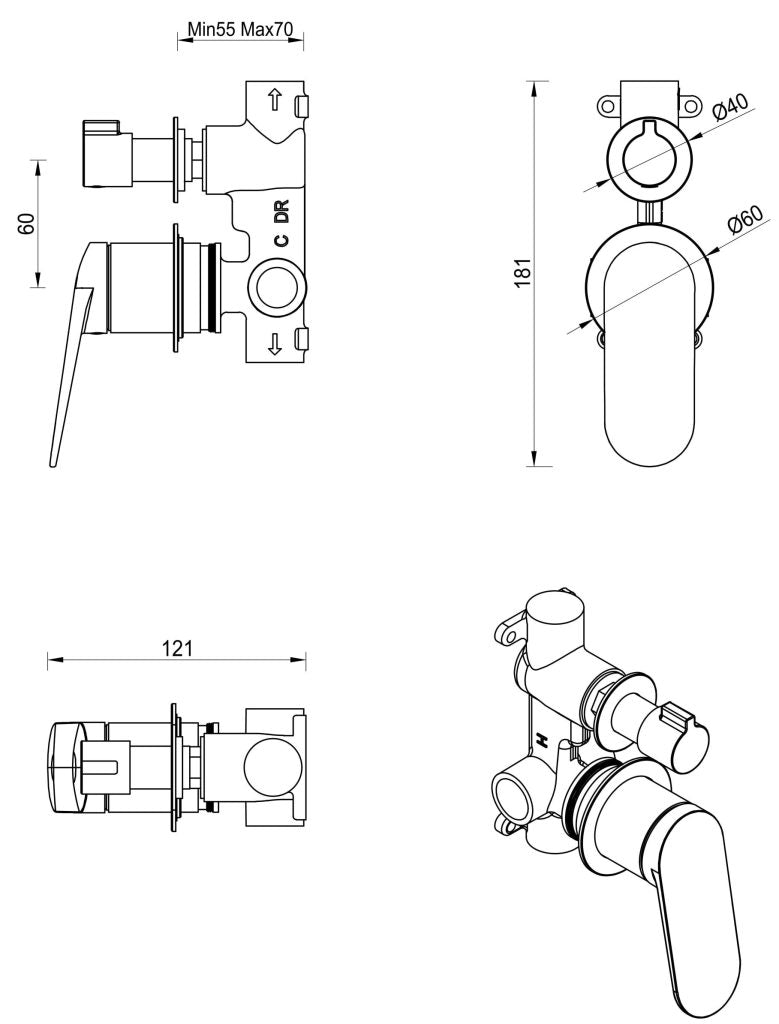 Lantra Shower Mixer Diverter – 2P – TRIM KIT ONLY