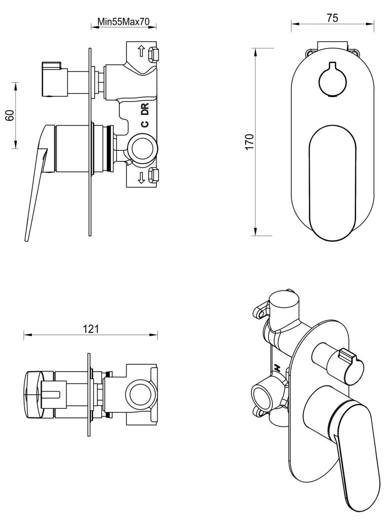 Lantra Shower Mixer Diverter – 1P – TRIM KIT ONLY