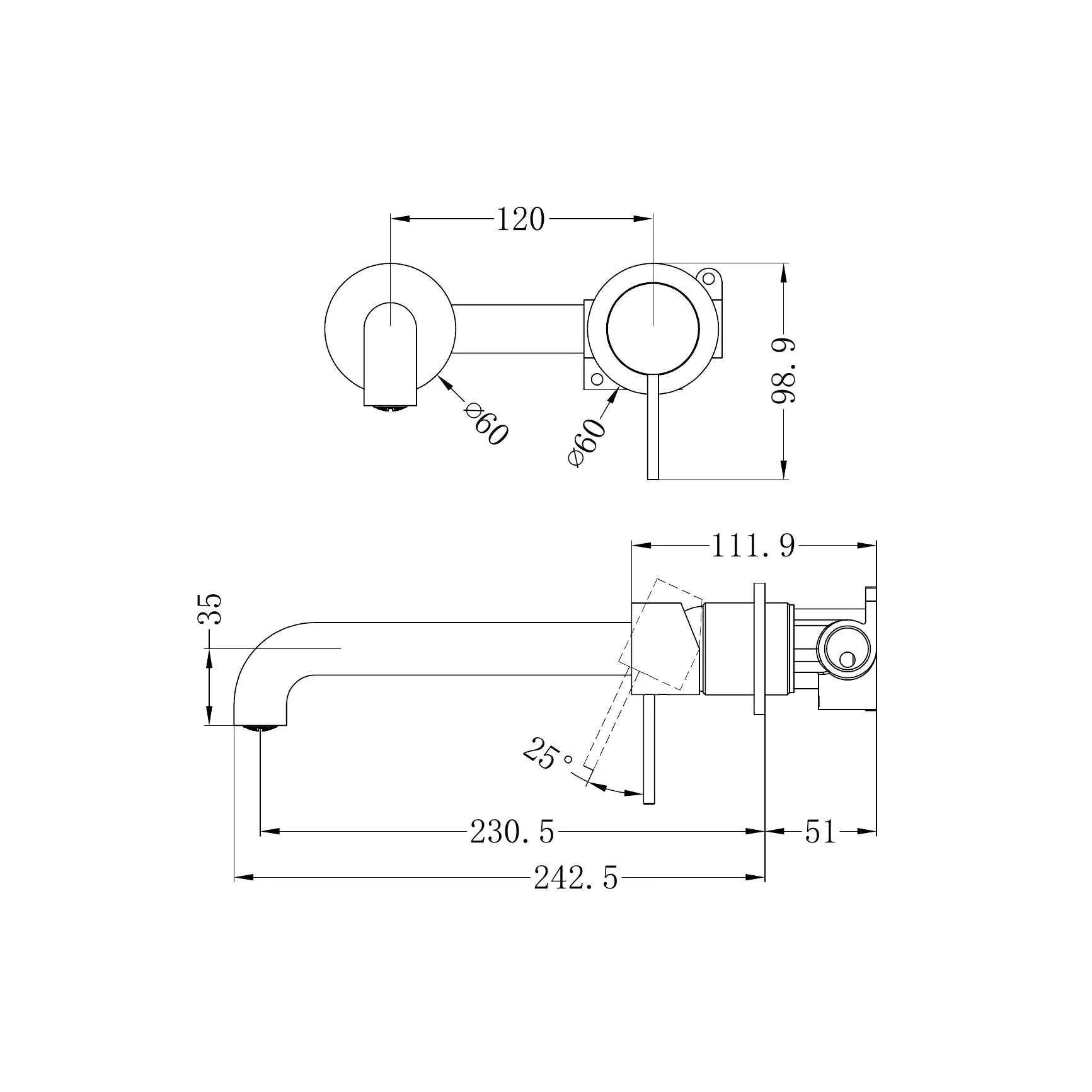 Mecca Wall Basin Mixer Separate Back Plate 230mm Spout
