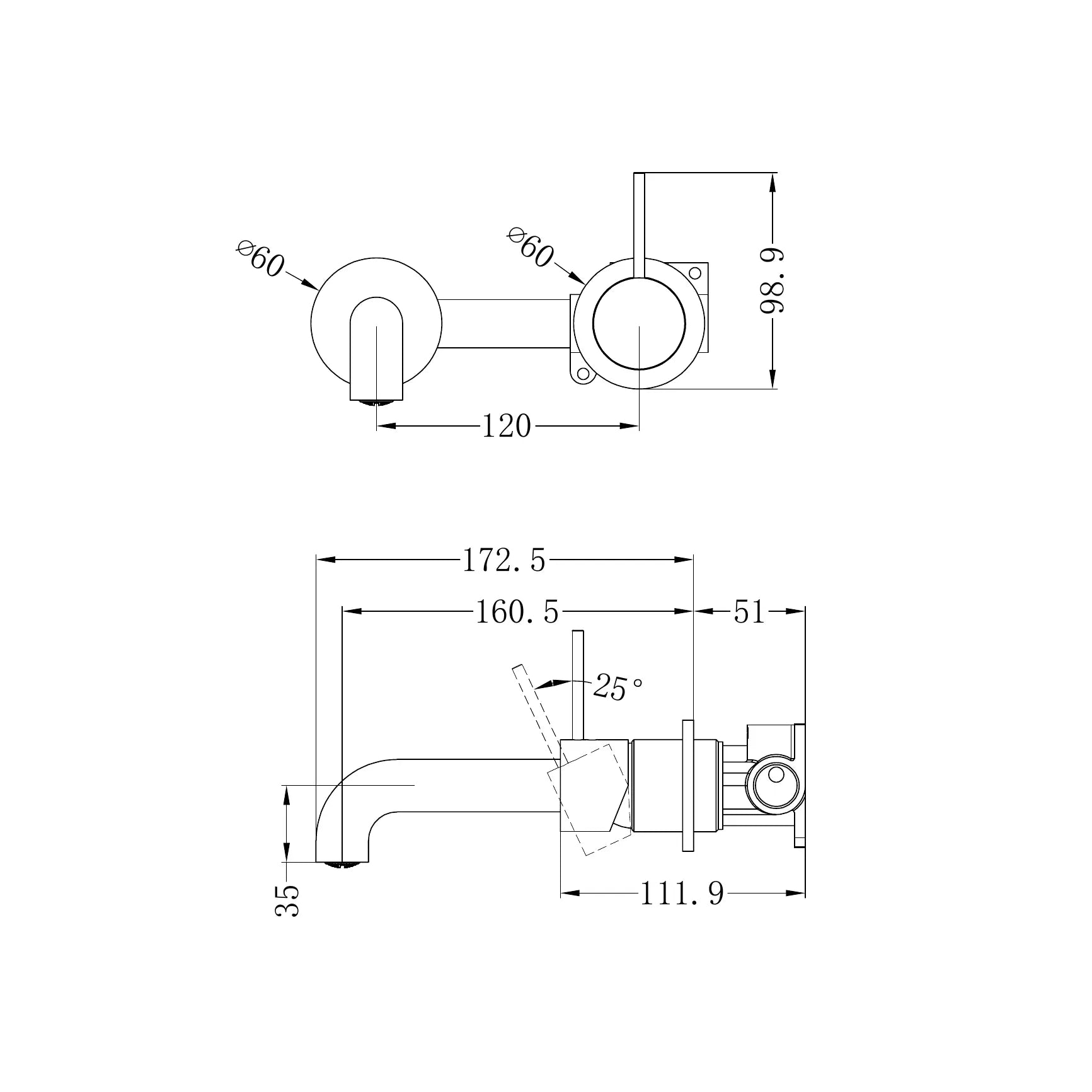 Mecca Wall Basin Mixer Separate Back Plate Handle Up 160mm Spout
