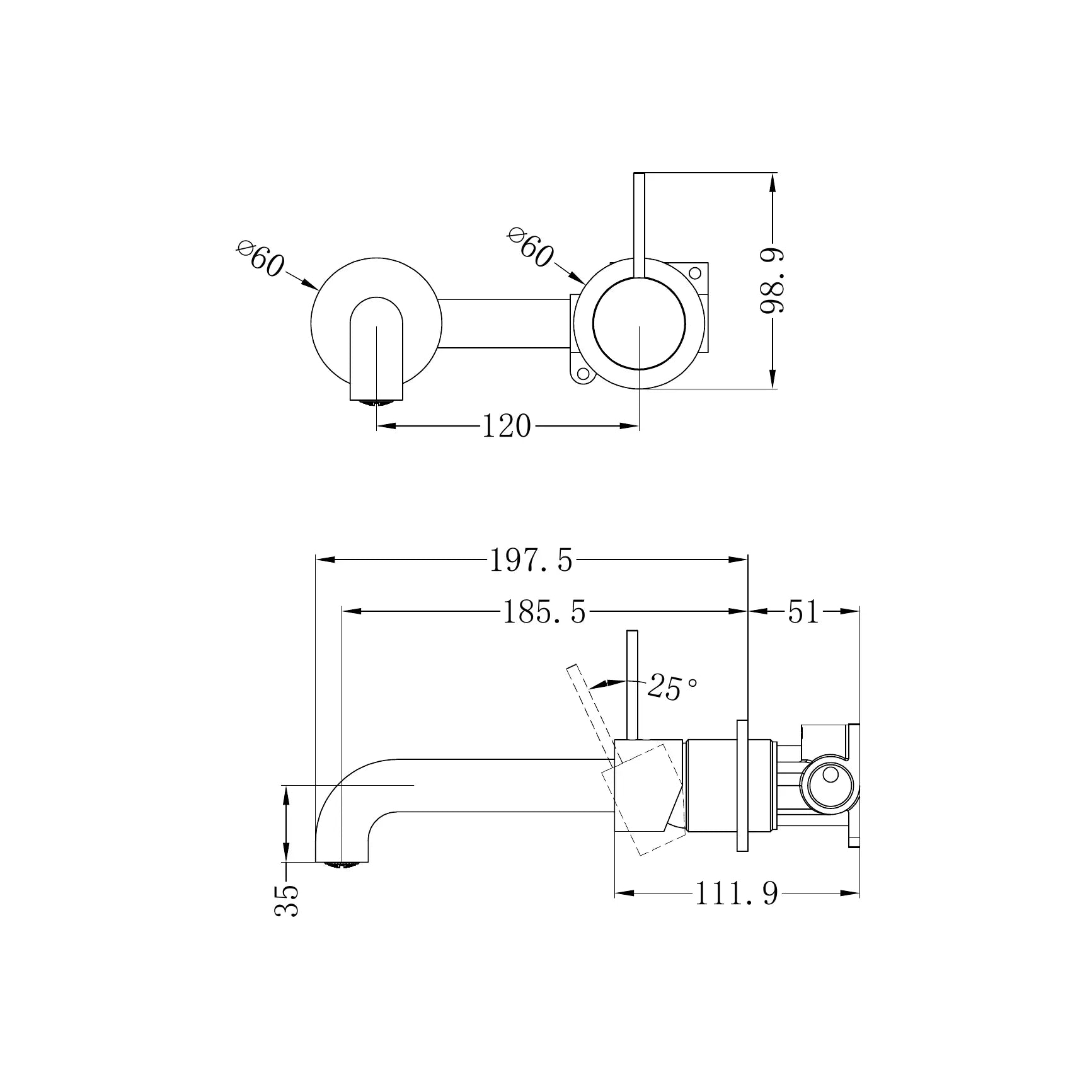 Mecca Wall Basin Mixer Separate Back Plate Handle Up 185mm Spout