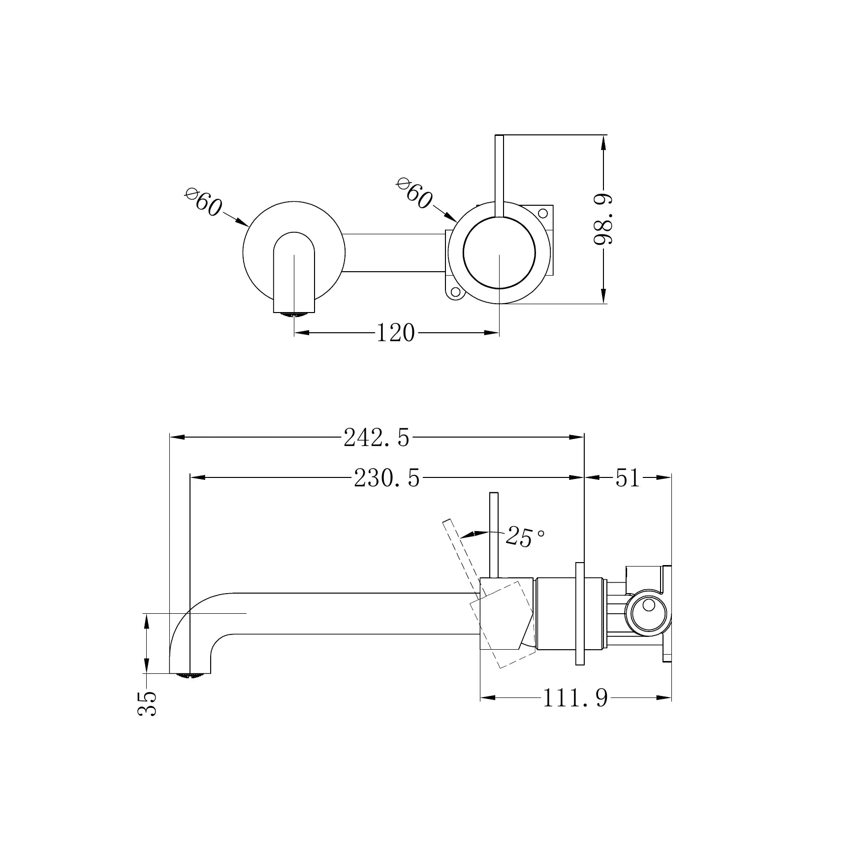 Mecca Wall Basin Mixer Separate Back Plate Handle Up 230mm Spout