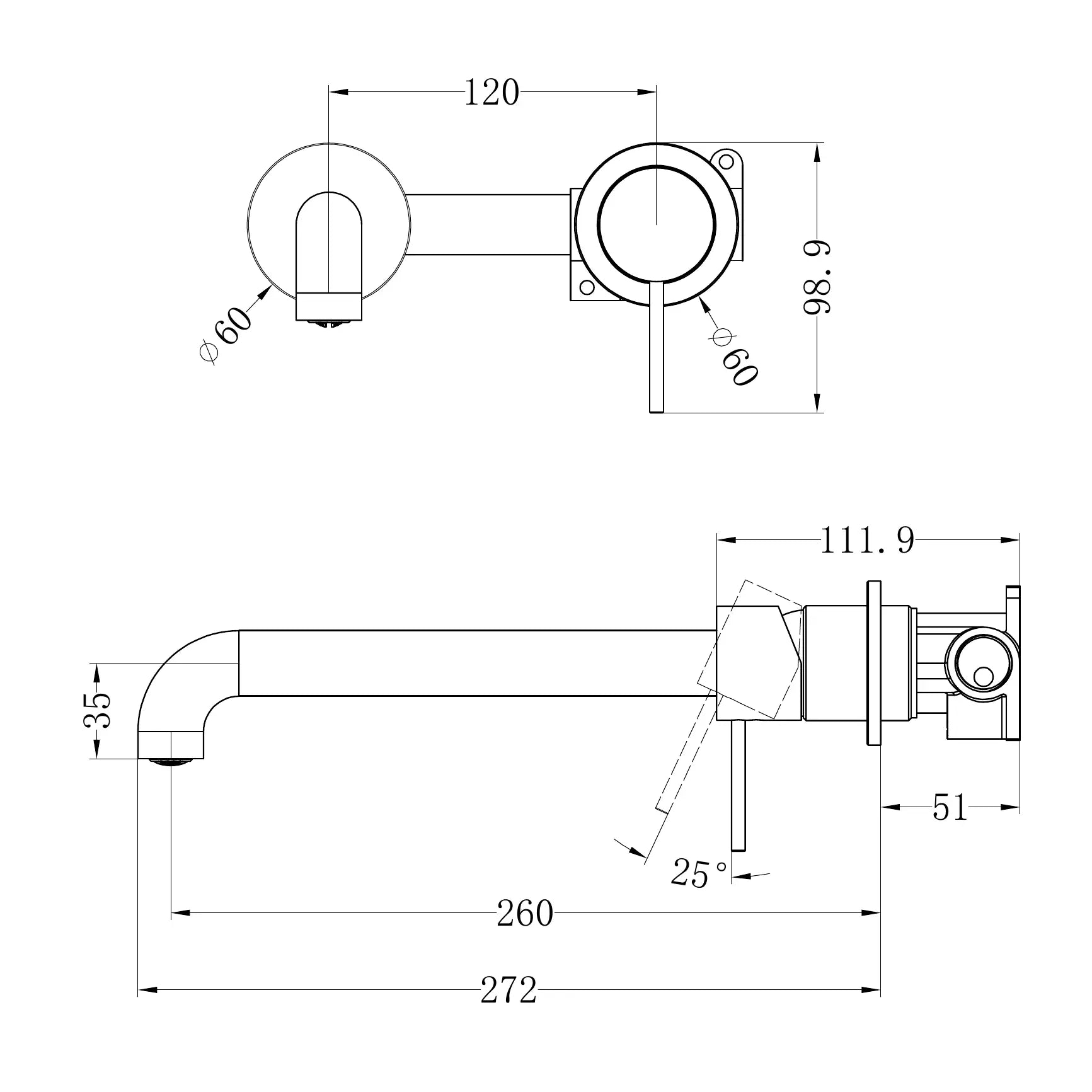Mecca Wall Basin/Bath Mixer Separate Back Plate 260mm Trim Kit Only