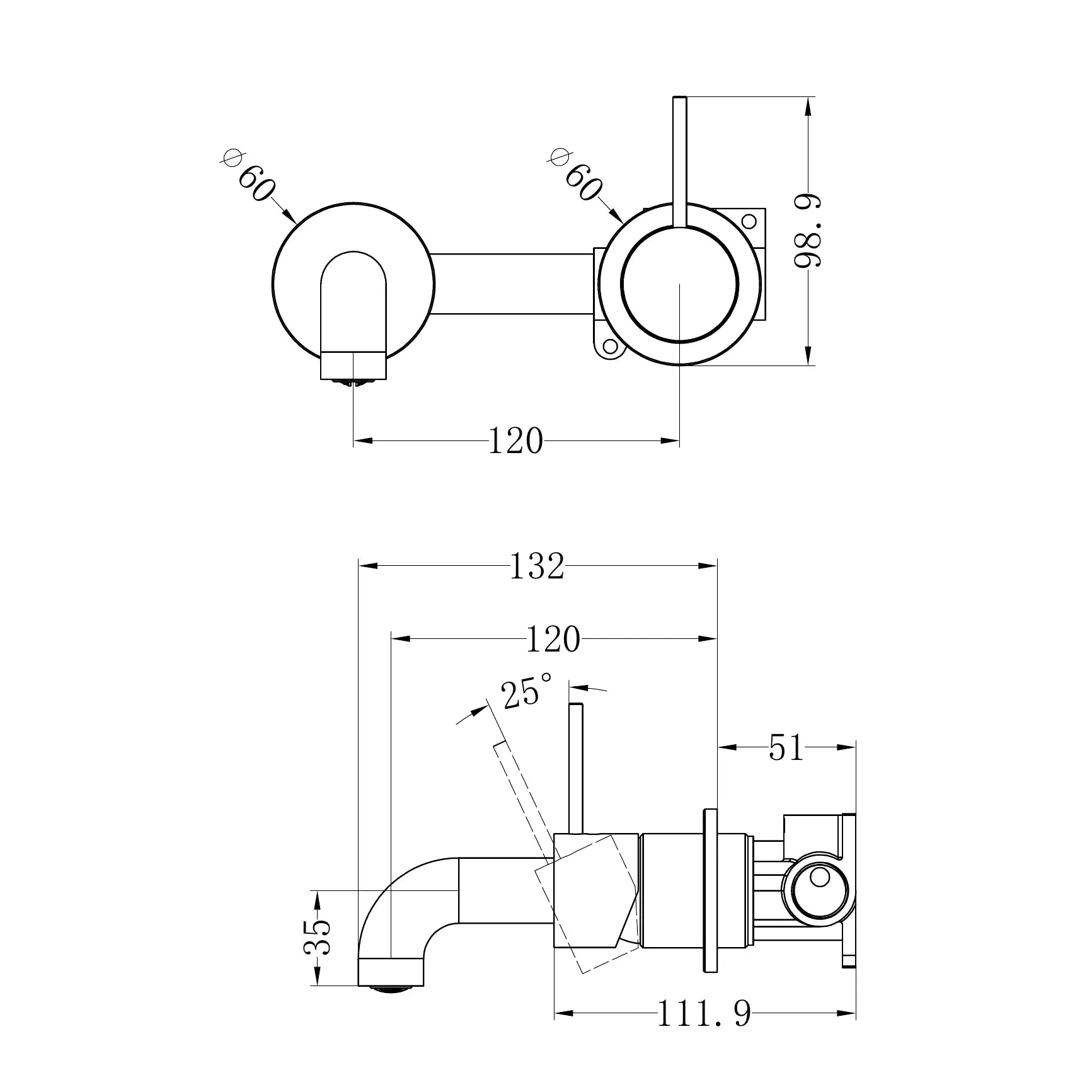 Mecca Wall Basin/Bath Mixer Separate Back Plate Handle Up 120mm Trim Kit Only