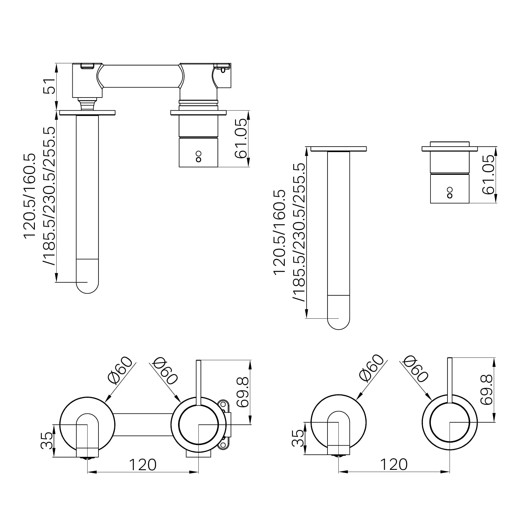 Mecca Wall Basin/Bath Mixer Separate Back Plate Handle Up 185mm Trim Kit Only