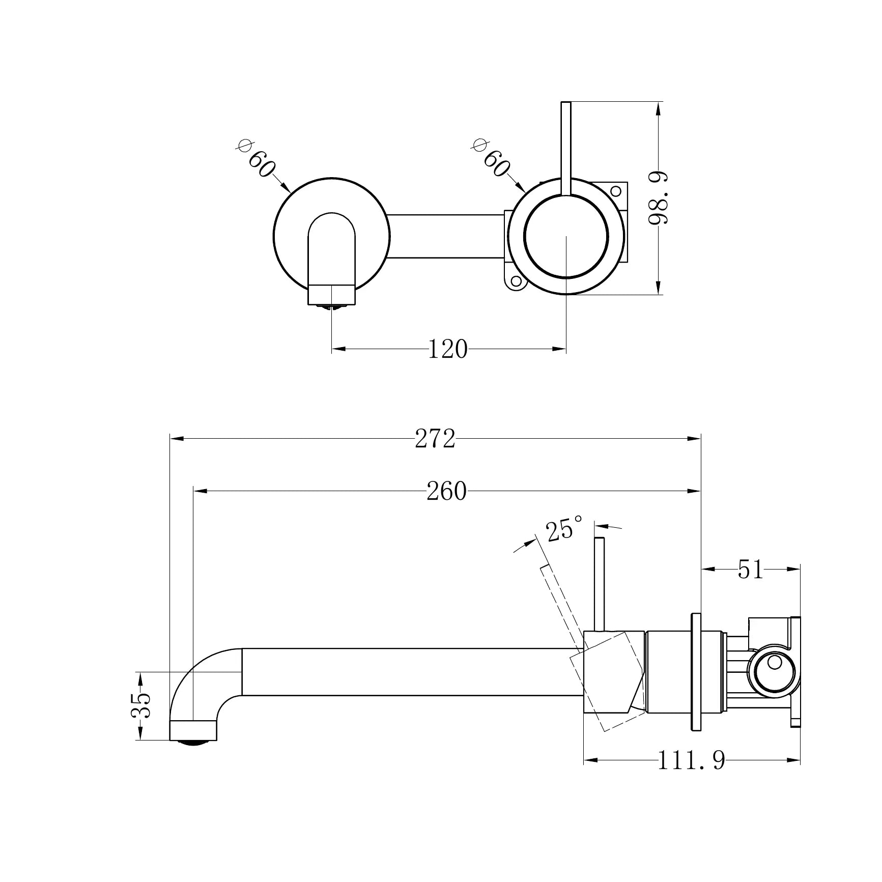 Mecca Wall Basin/Bath Mixer Separate Back Plate Handle Up 260mm Trim Kit Only