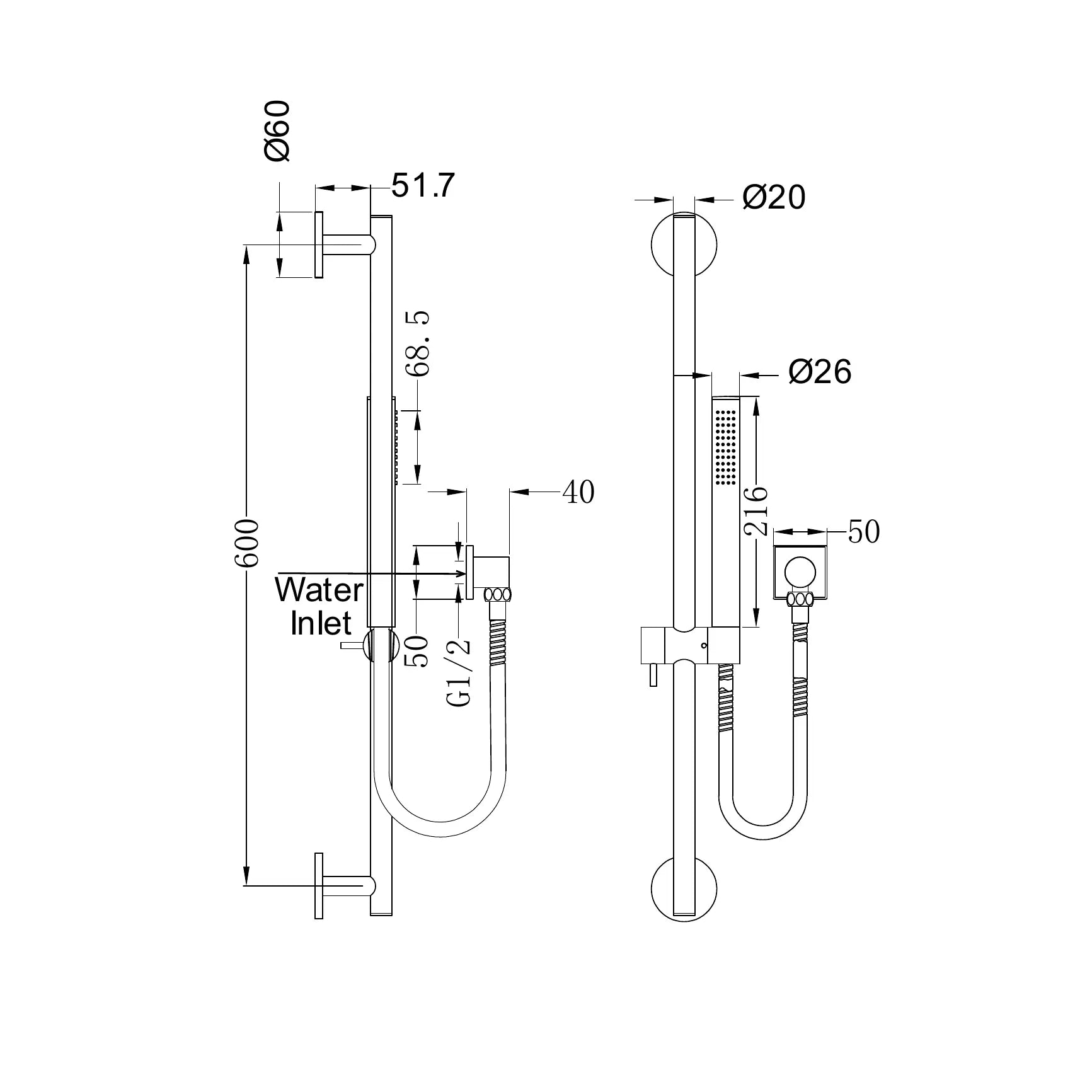 Dolce Shower Rail With Slim Hand Shower