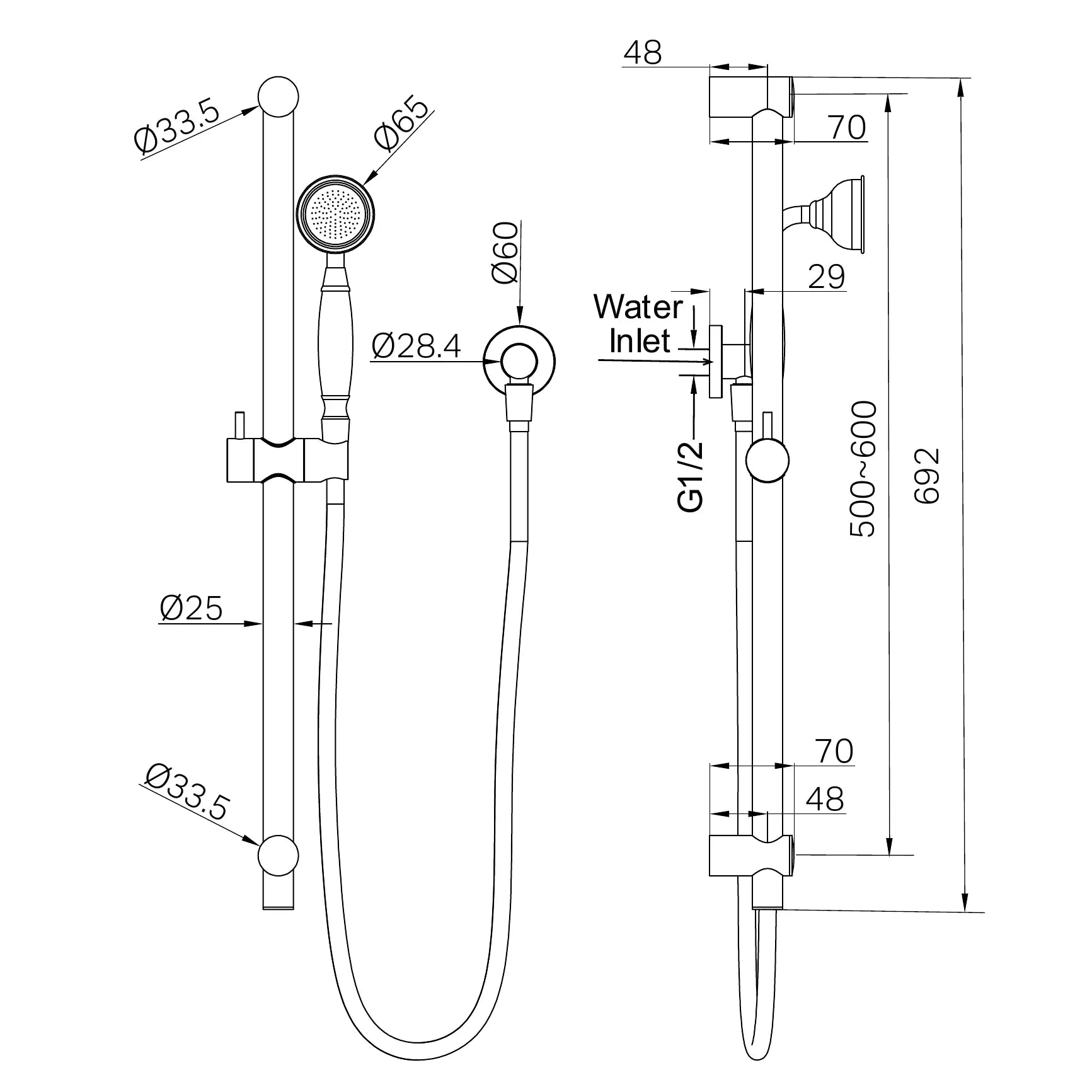 York Shower Rail With White Porcelain Hand Shower