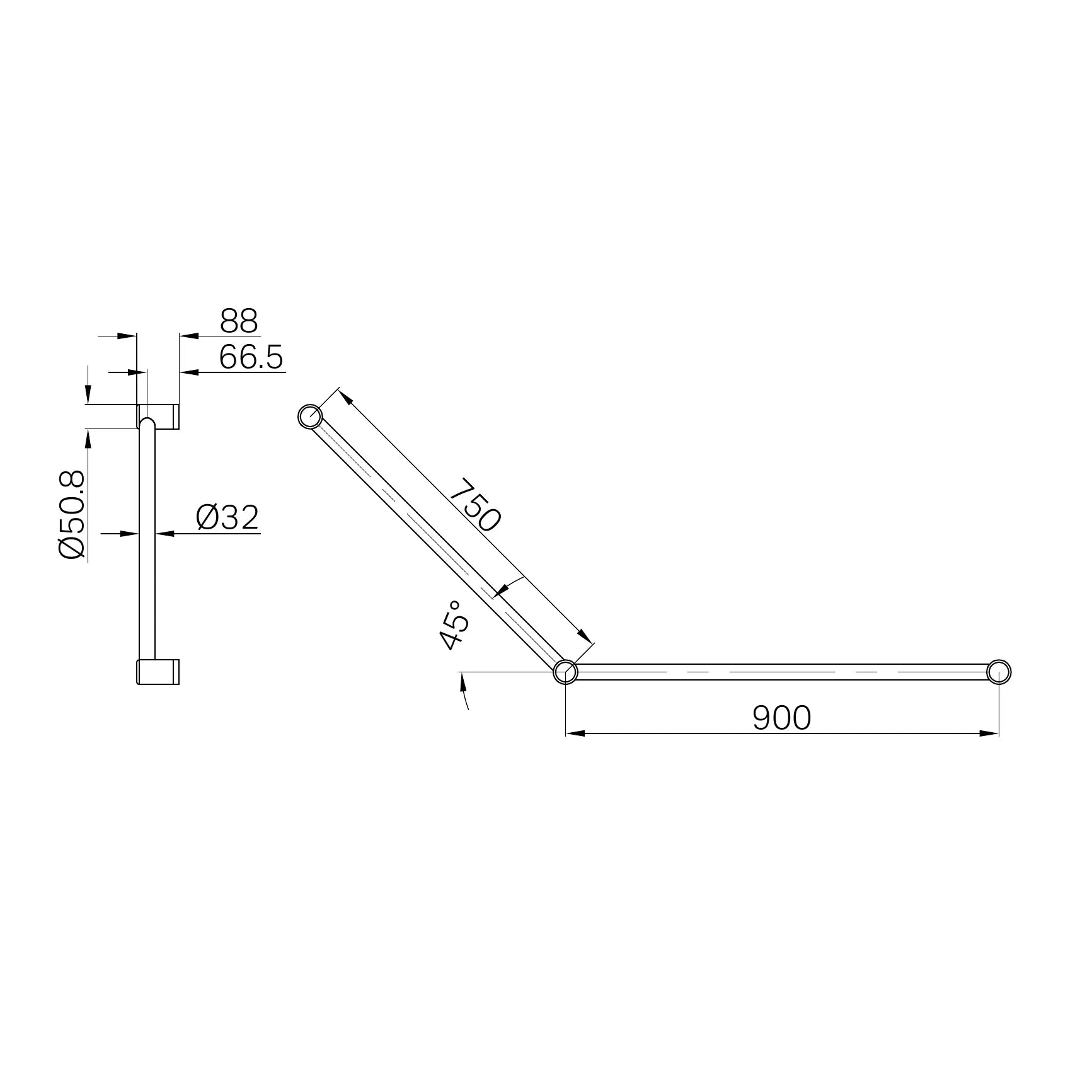 Mecca Care 32mm DDA Accessible Toilet Grab Rail Set 45 Degree 750X900mm