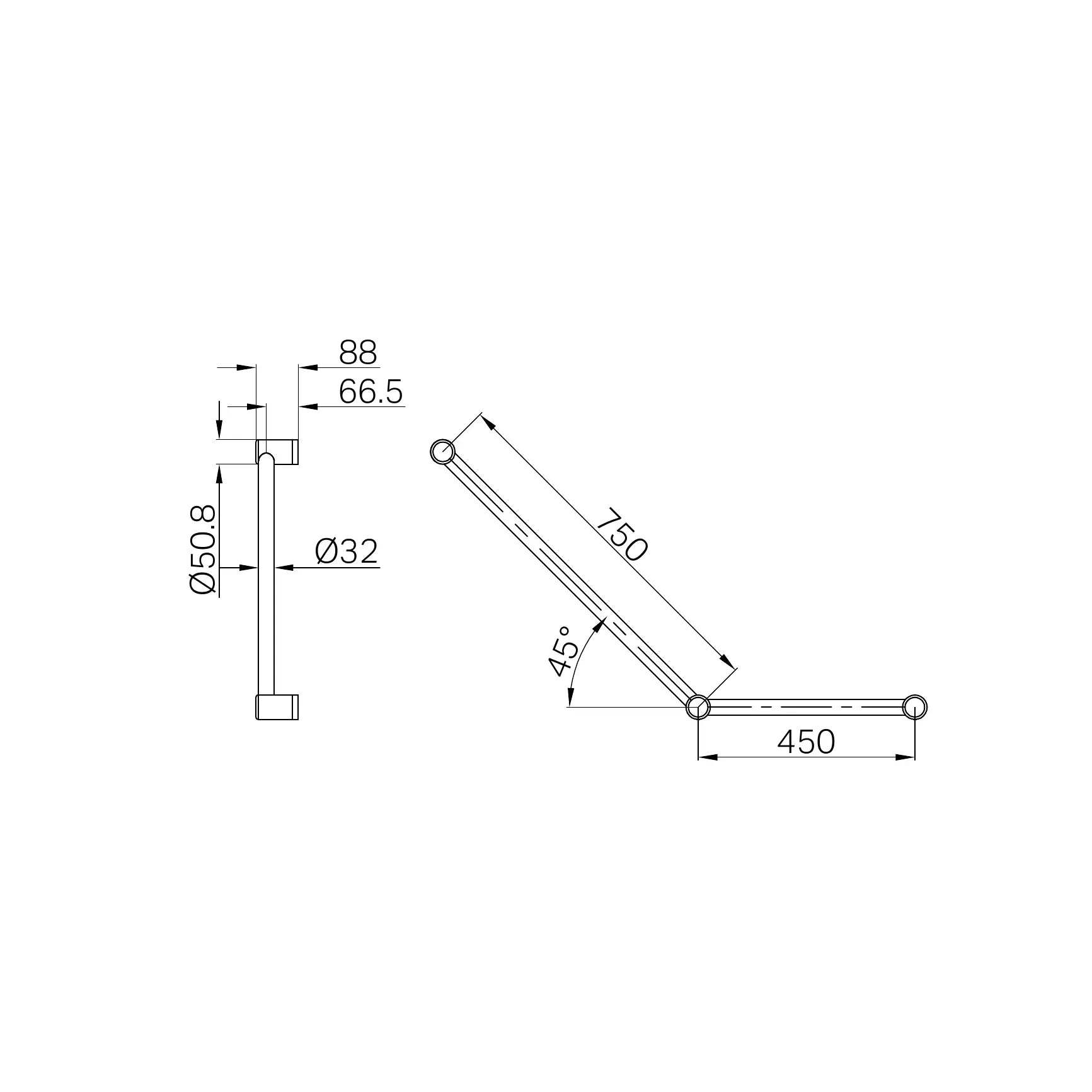Mecca Care 32mm Ambulant Toilet Grab Rail 45 Degree 750X450mm