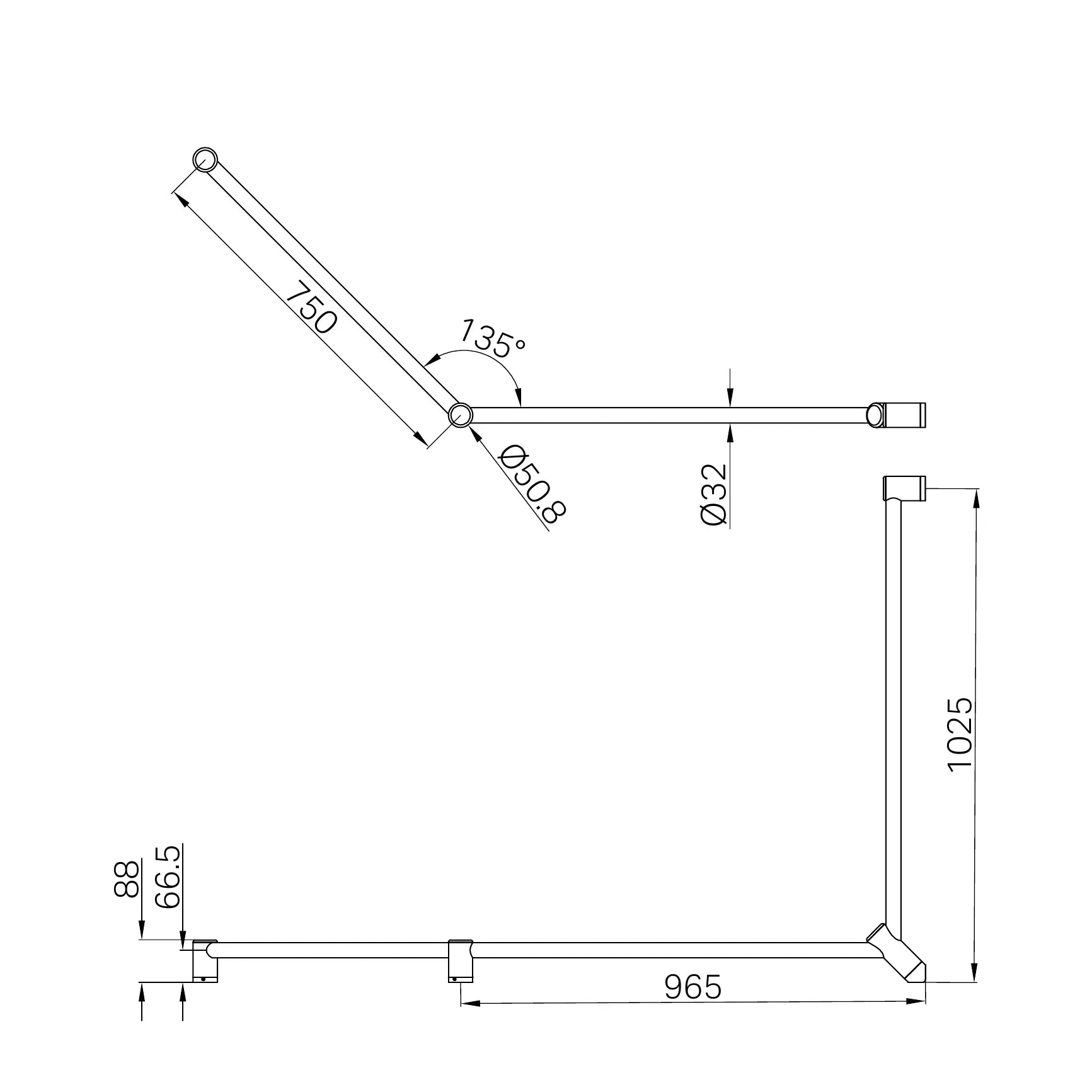 Mecca Care 32mm DDA Accessible Toilet Grab Rail Set 45 Degree Continuous 750X965X1025mm