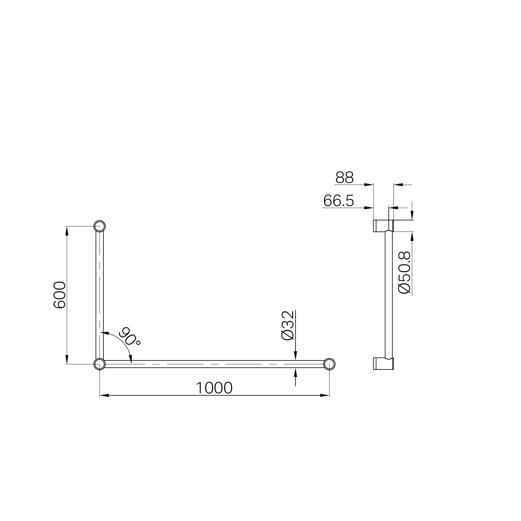 Mecca Care 32mm DDA Accessible Toilet Grab Rail Set 90 Degree 600X1000mm