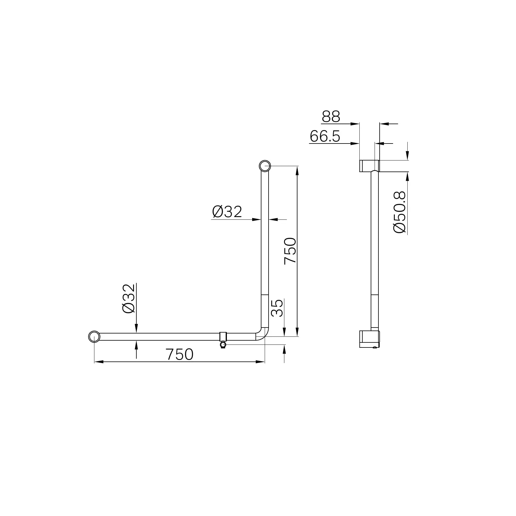 Mecca Care 32mm 90 Degree NZ4121 Accessible Toilet Grab Rail 750X750mm
