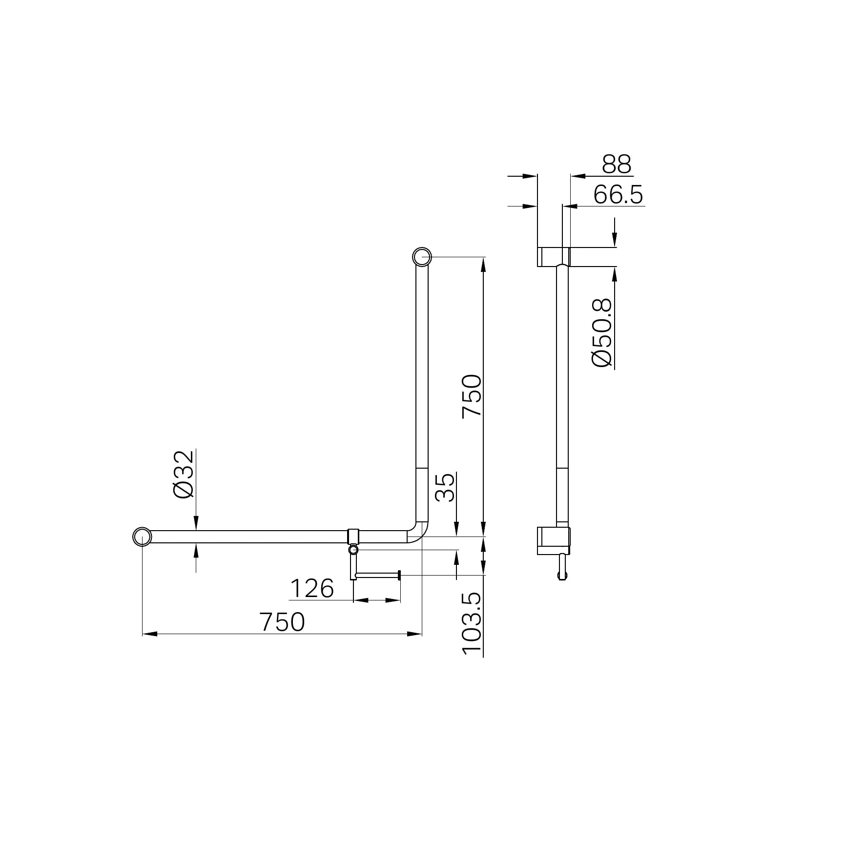 Mecca Care 32mm 90 Degree NZ4121 Accessible Toilet Grab Rail 750X750mm With Toilet Roll Holder