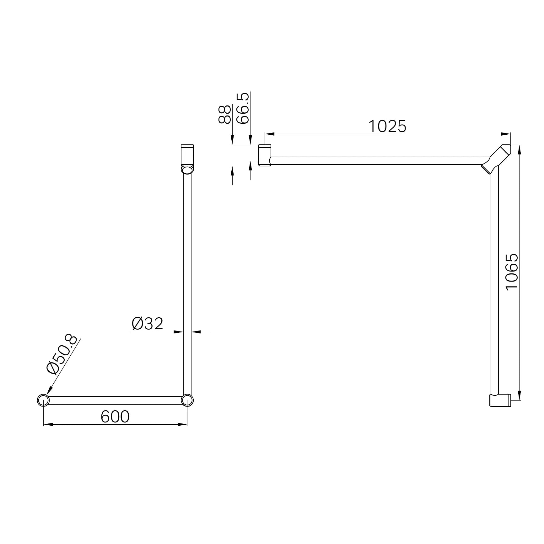 Mecca Care 32mm DDA Accessible Toilet Grab Rail Set 90 Degree Continuous 600X1065X1025mm
