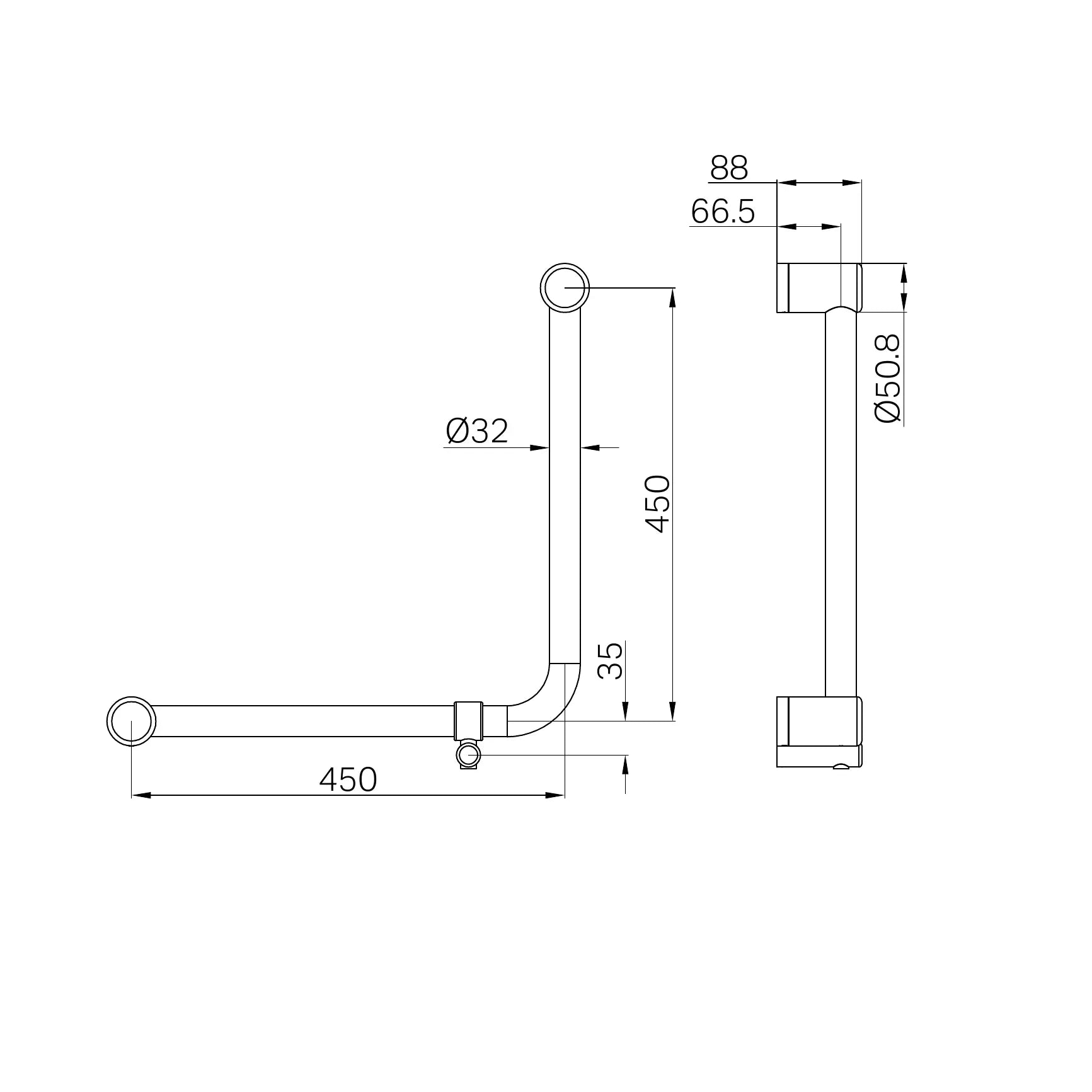 Mecca Care 32mm Ambulant 90 Degree Bent Tube Grab Rail 450X450mm