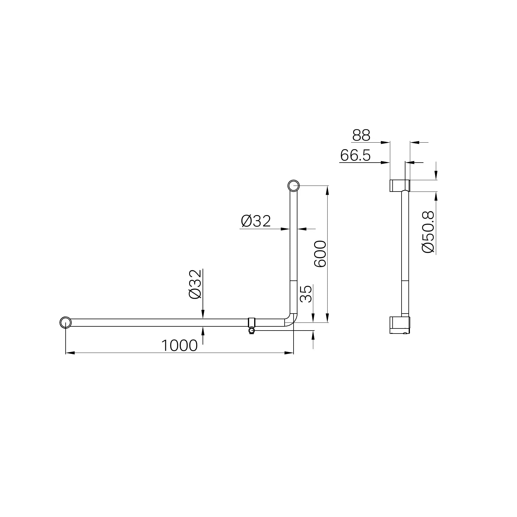 Mecca Care 32mm DDA Accessible Toilet 90 Degree Bent Tube Grab Rail 600X1000mm