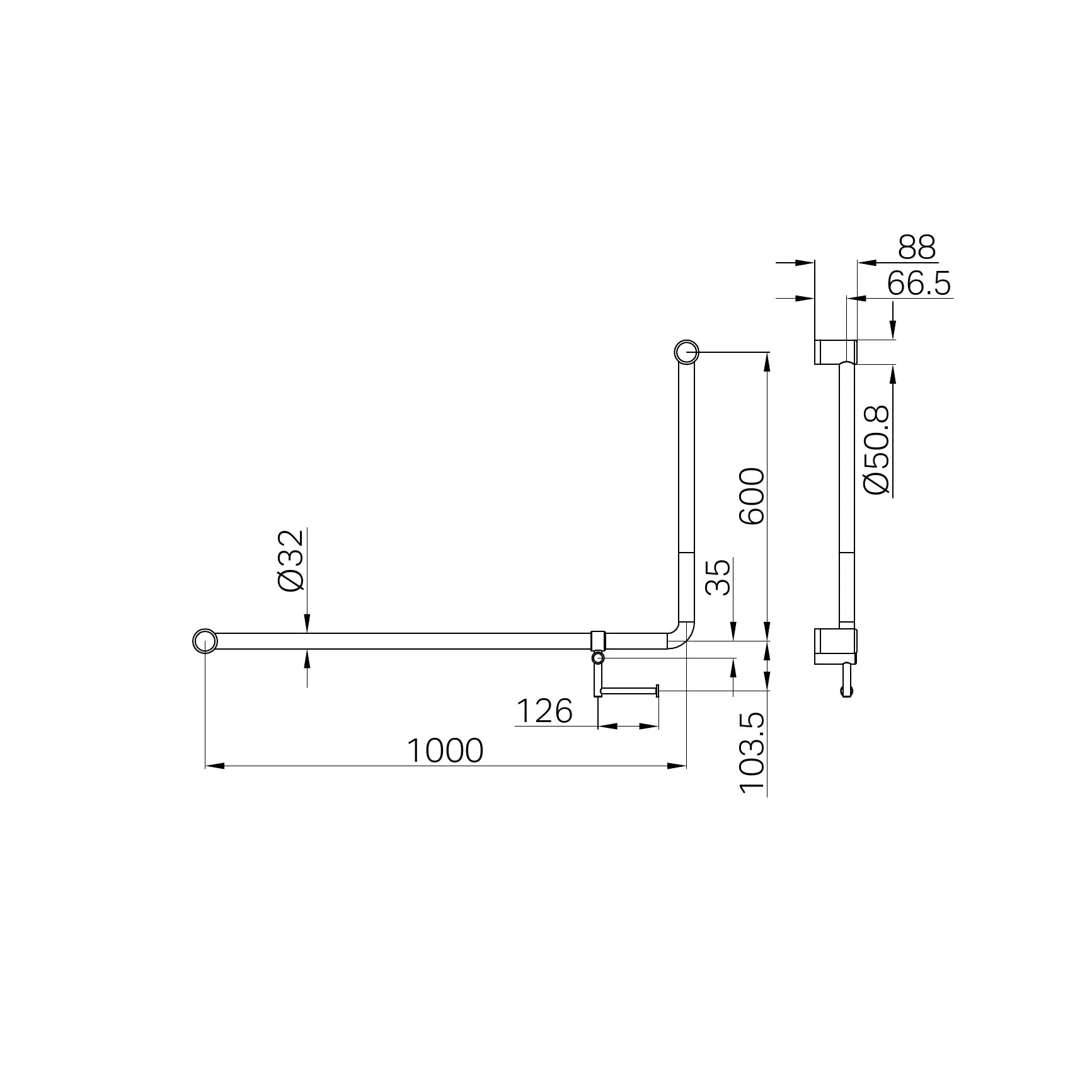 Mecca Care 32mm DDA Accessible Toilet 90 Degree Bent Tube Grab Rail 600X1000mm With Toilet Roll Holder