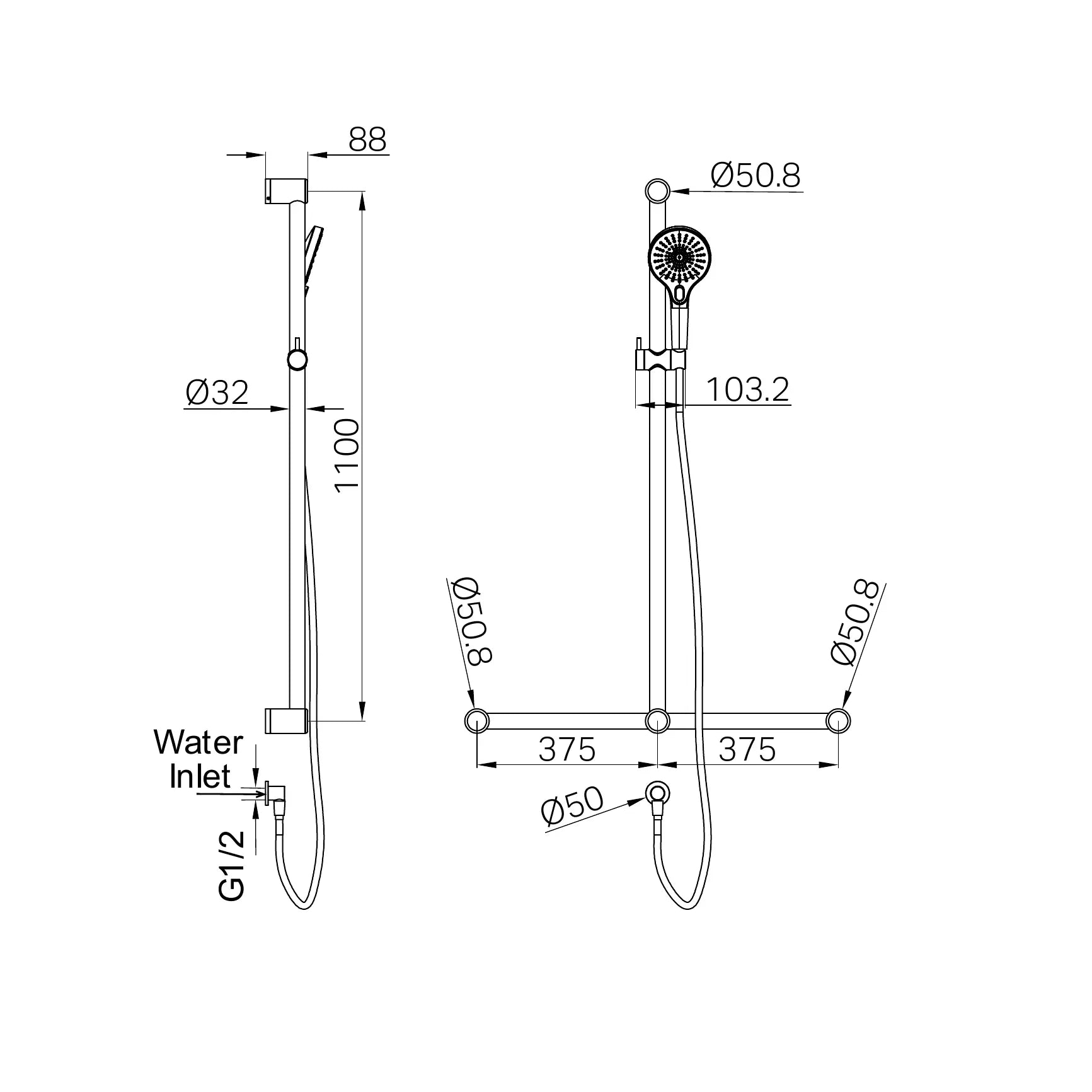 Mecca Care 32mm T Bar Grab Rail And Adjustable Shower Set 1100X750mm