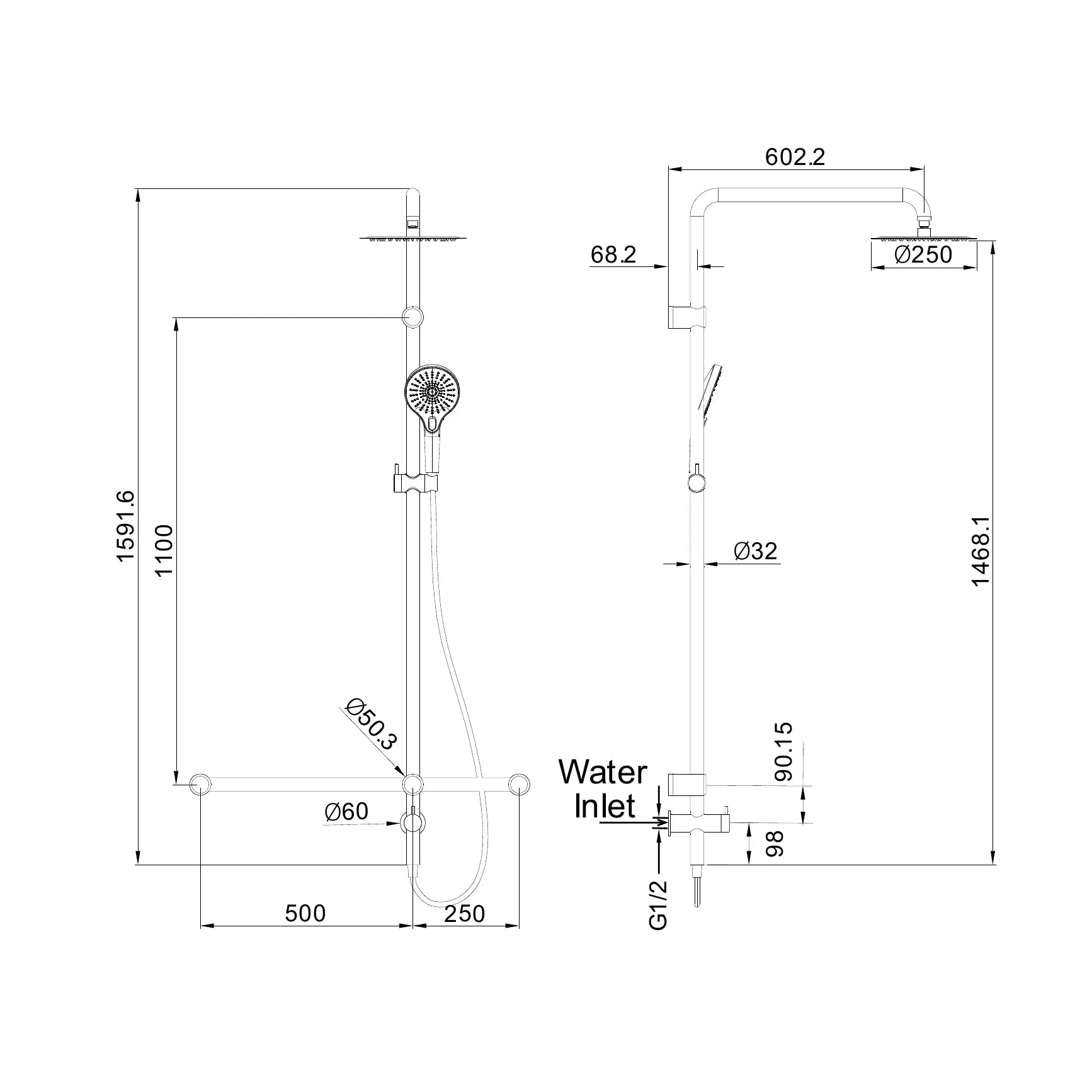 Mecca Care 32mm T Bar Grab Rail 1100x750mm Twin Shower Set