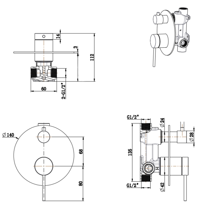 Mica Shower Mixer Diverter – 1P – TRIM KIT ONLY