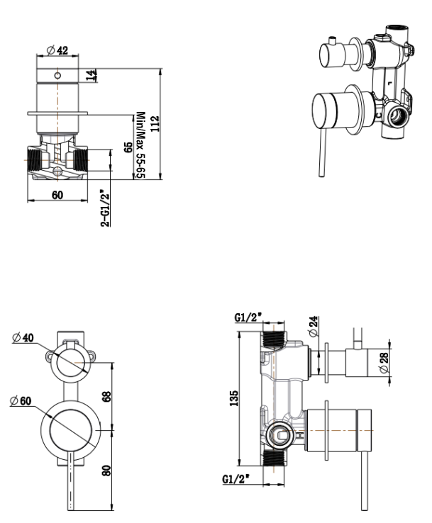 Mica Shower Mixer Diverter – 2P – TRIM KIT ONLY