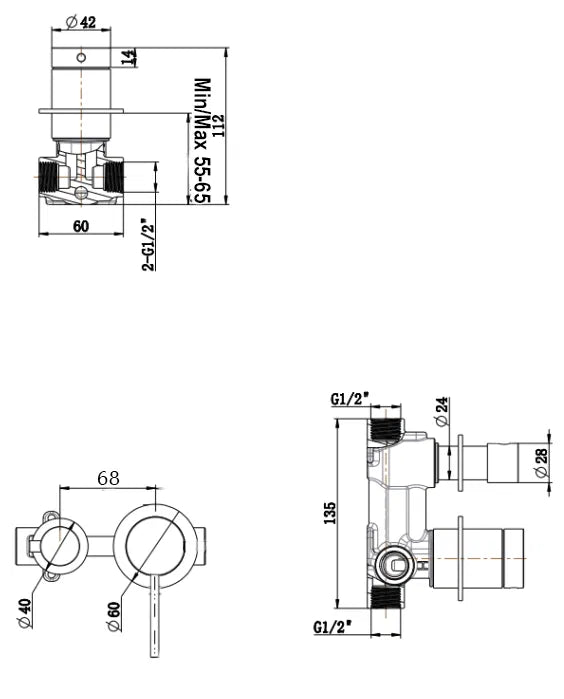 Mica Shower Mixer Diverter – Sideways – TRIM KIT ONLY